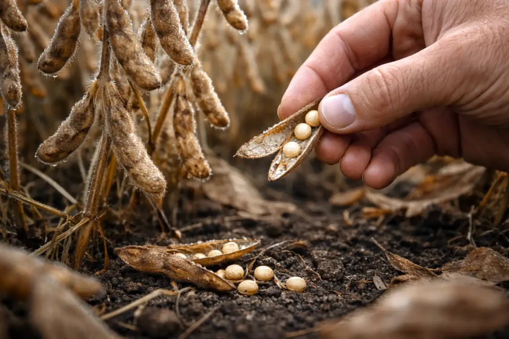 mature soybean pods with dew and a few shattered pods