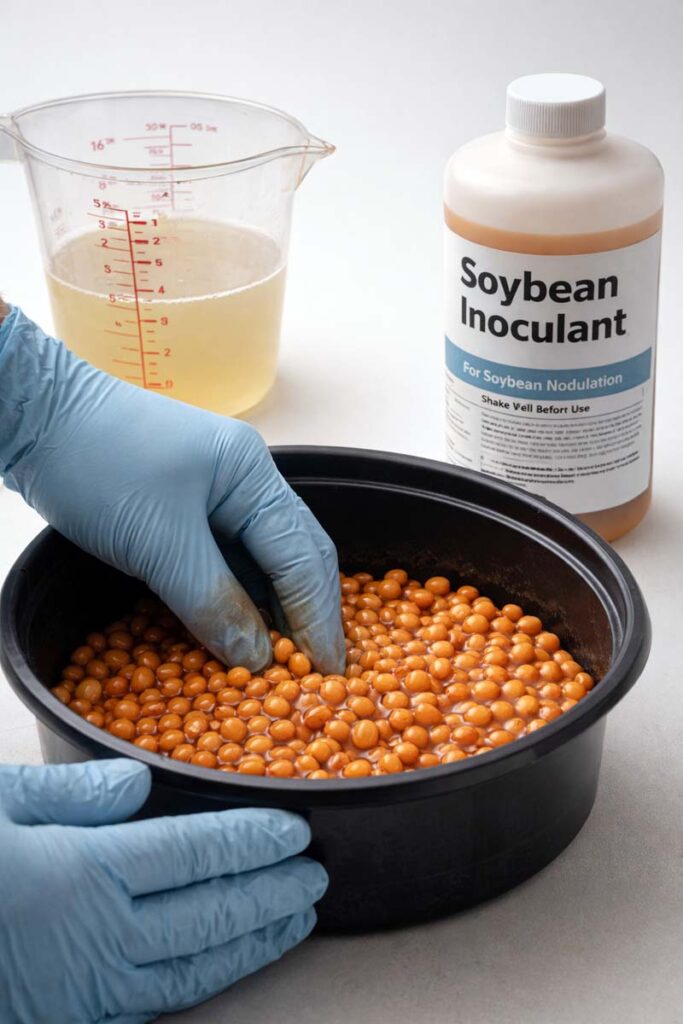 gloved hands coating soybean seed with inoculant