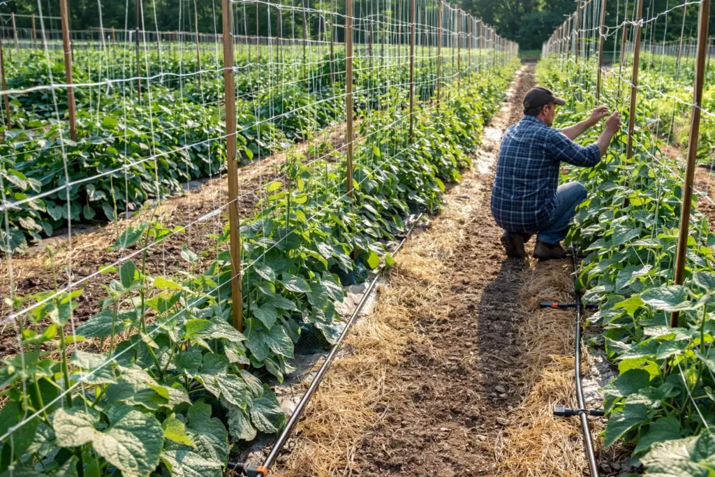 well spaced rows with drip irrigation and trellis