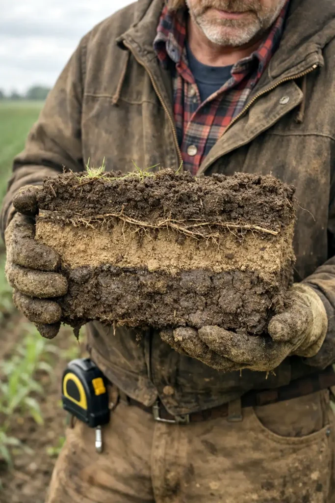 spade cut soil slab showing compaction and sideways roots