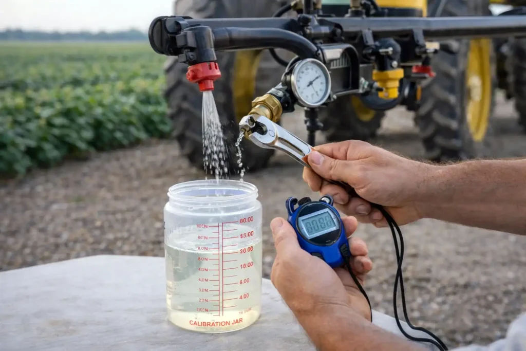 spray nozzle output measured into calibration jar