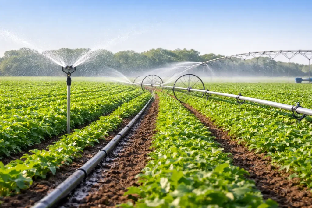 different sprinkler setups watering crops on a farm