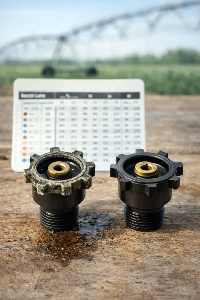 worn sprinkler nozzle beside a new nozzle for comparison