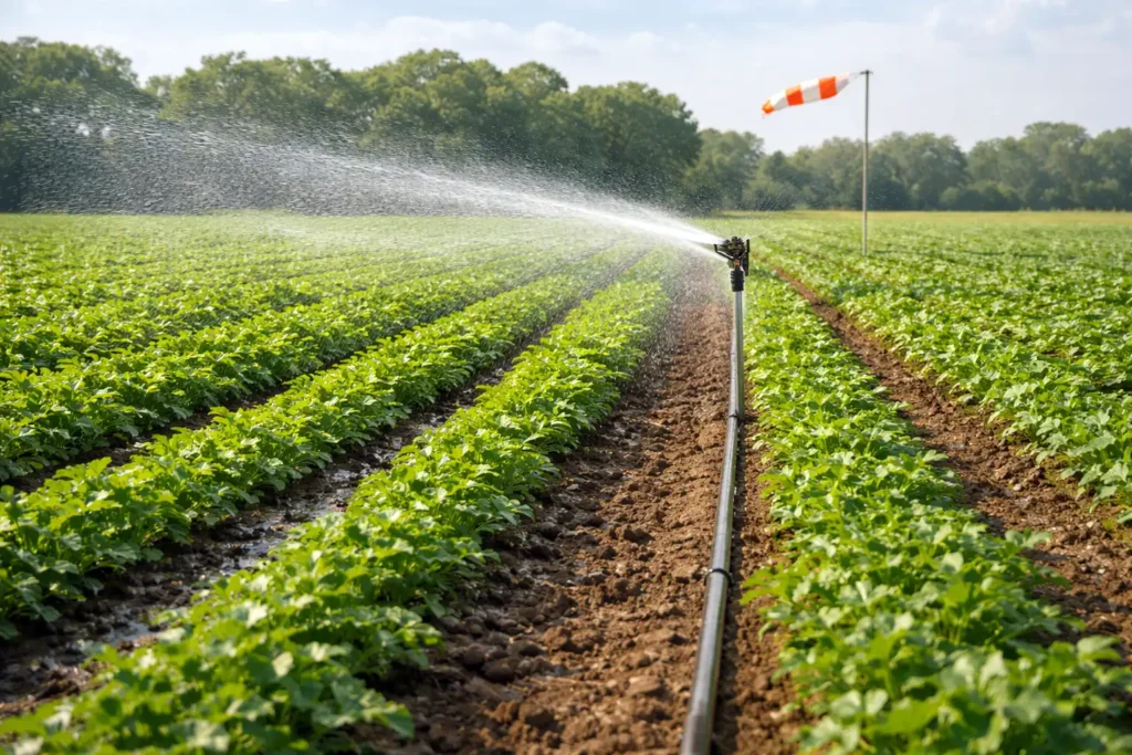 sprinkler spray drifting in wind causing uneven coverage
