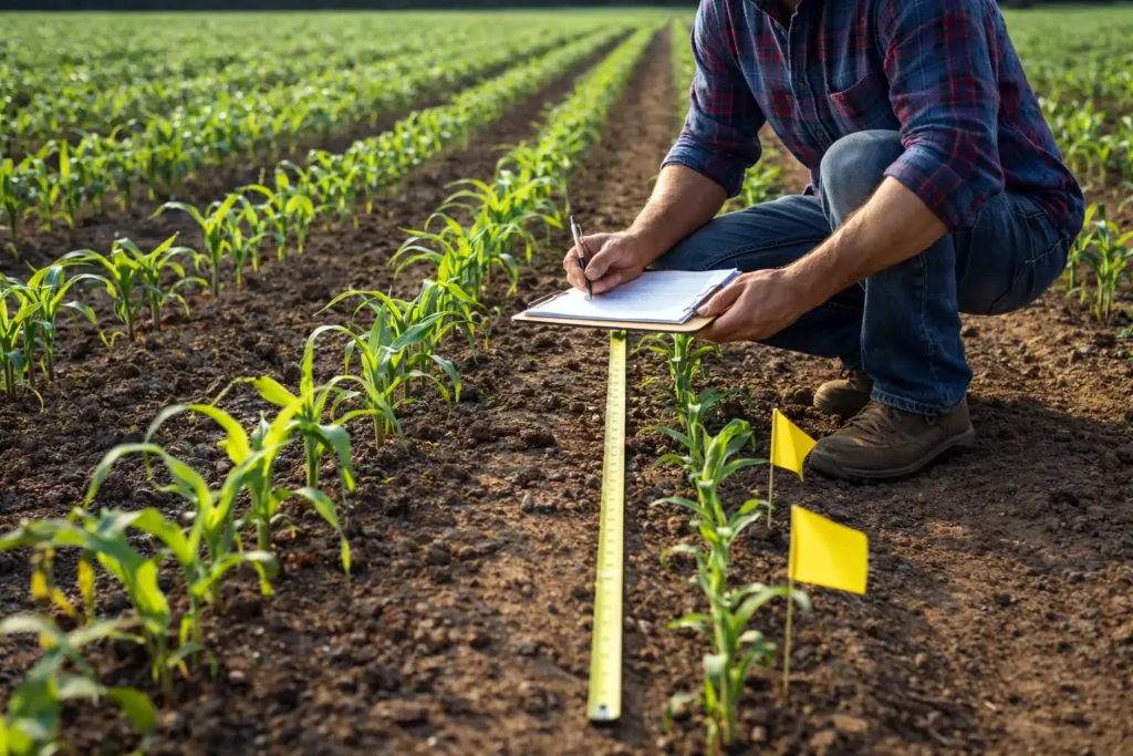 farmer counting seedlings in a measured section for uniform spacing