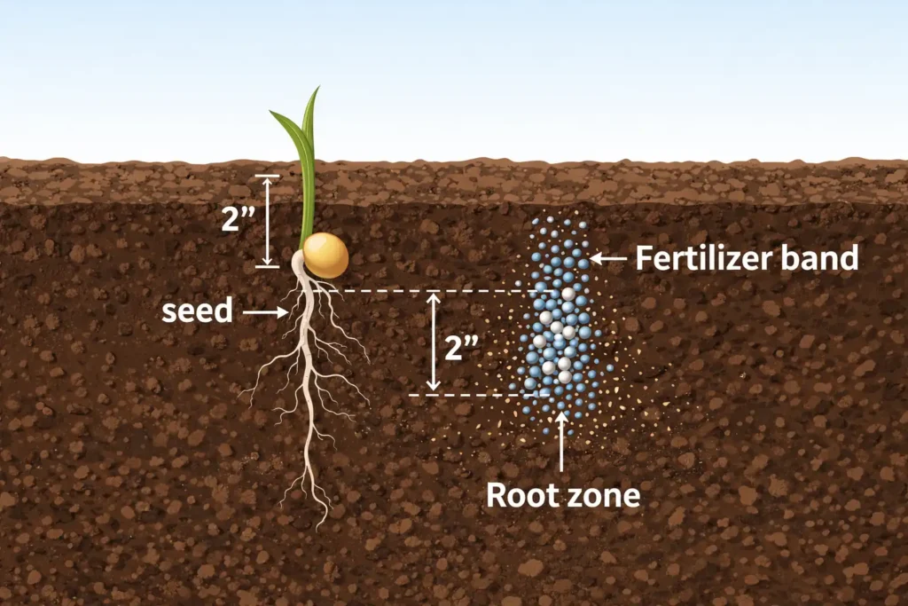 diagram showing safe starter fertilizer placement near seed