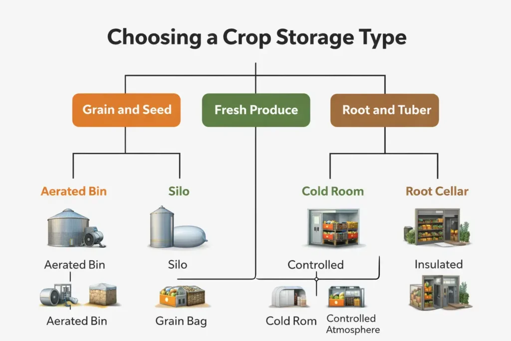 simple decision map for choosing storage type by crop