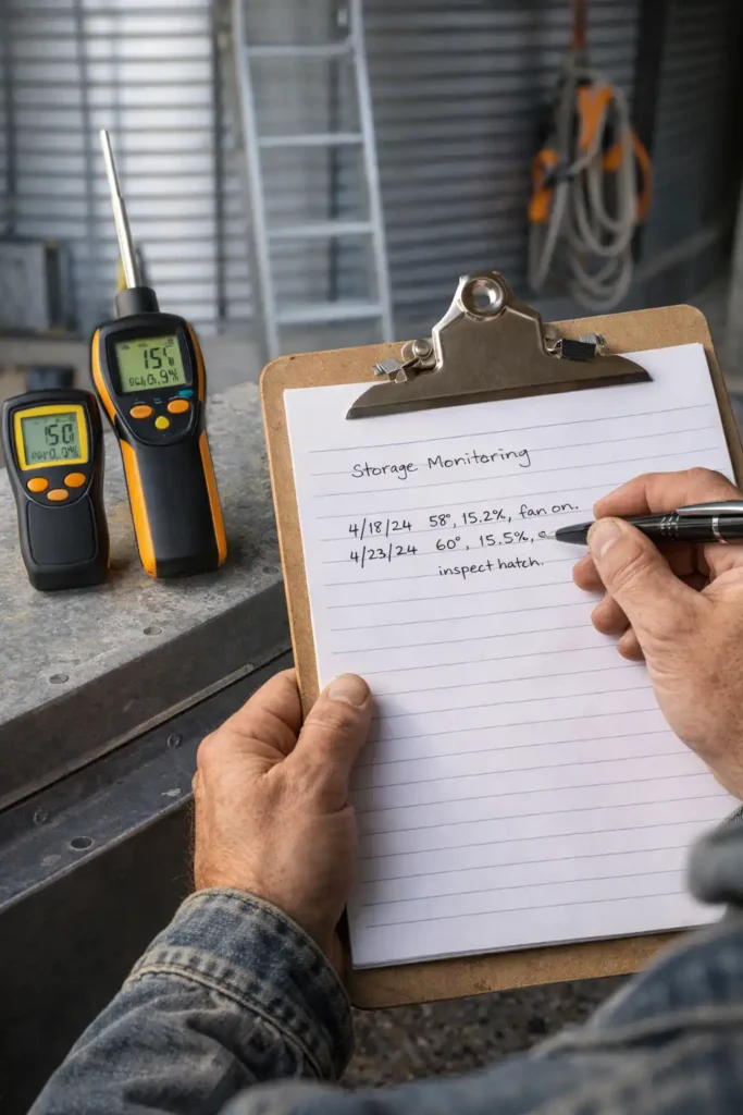 logbook with temperature and moisture notes during storage checks