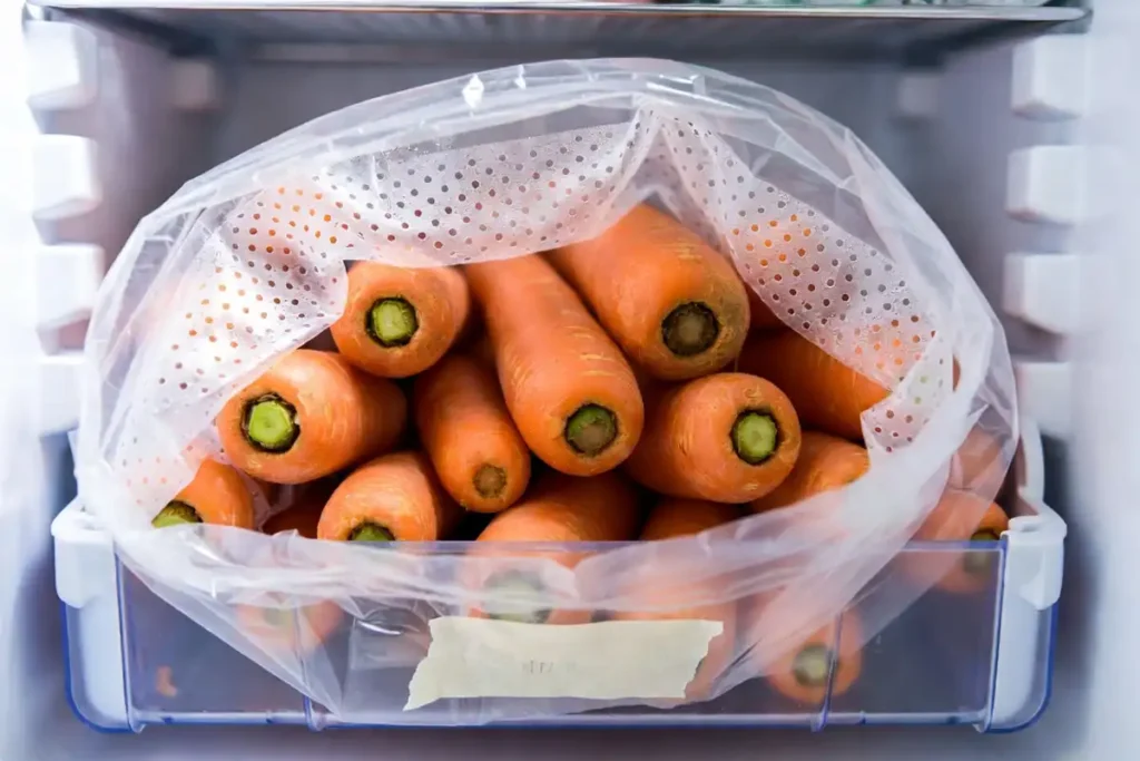 trimmed carrots stored in crisper drawer for freshness