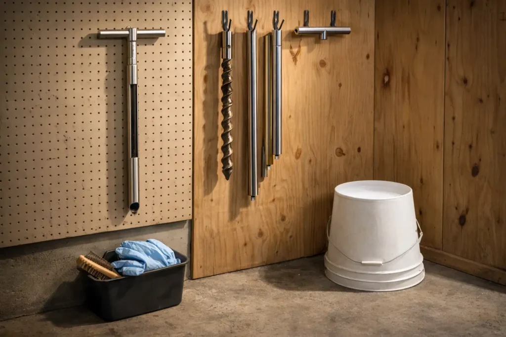 soil sampling tools stored clean and dry in a garage rack