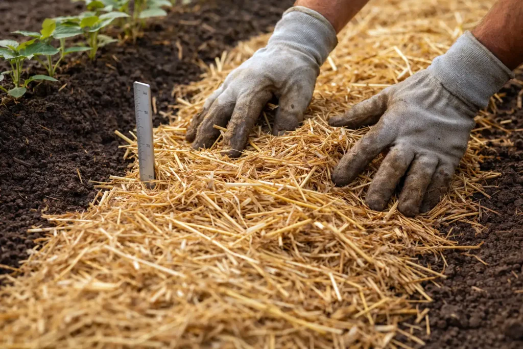 hands measuring an even straw mulch layer on soil