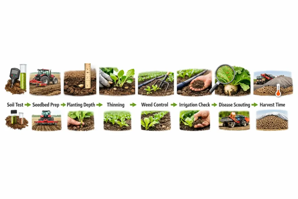 simple timeline of sugar beet care from planting to storage