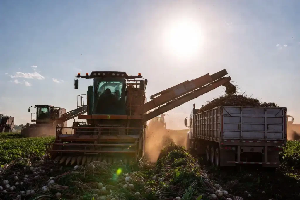 beet harvester loading clean roots into a truck at harvest