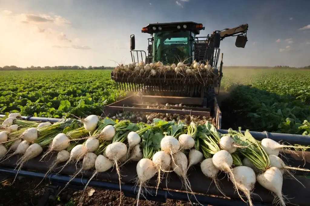 beet harvester lifting roots into trailer