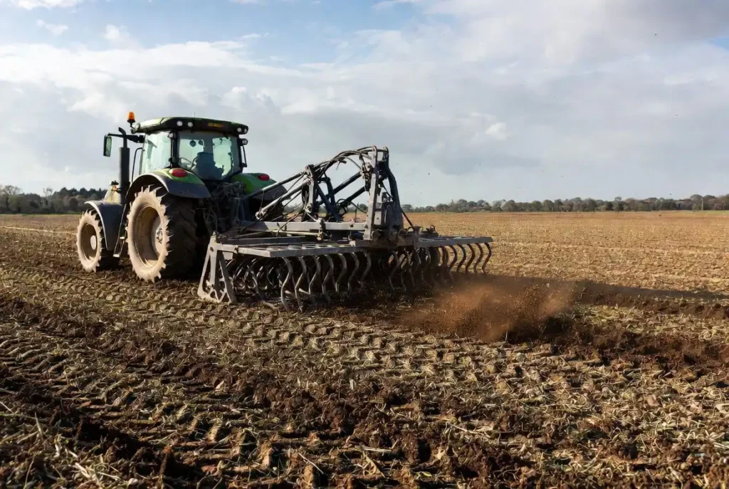 tractor preparing firm seedbed in spring