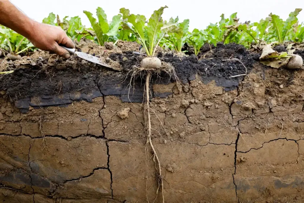 soil pit showing beet taproot and compacted layer