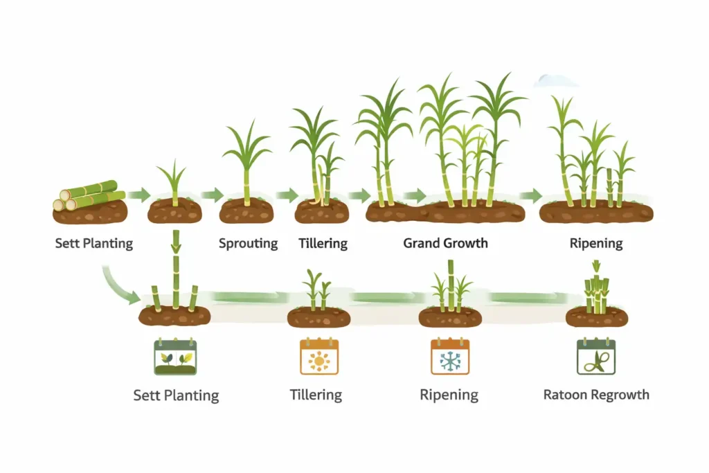 sugarcane stages from planting to ratoon regrowth