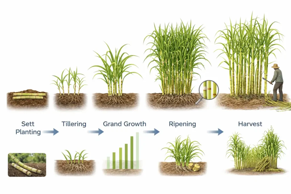 simple timeline of sugarcane growth from planting to harvest