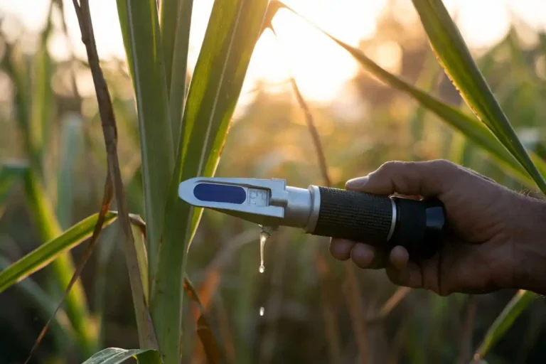 farmer checking cane harvest readiness with refractometer