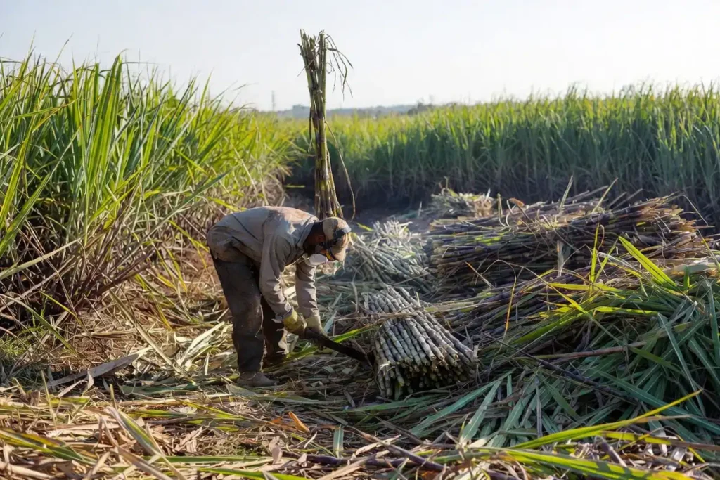 protected worker cutting cane close to the ground