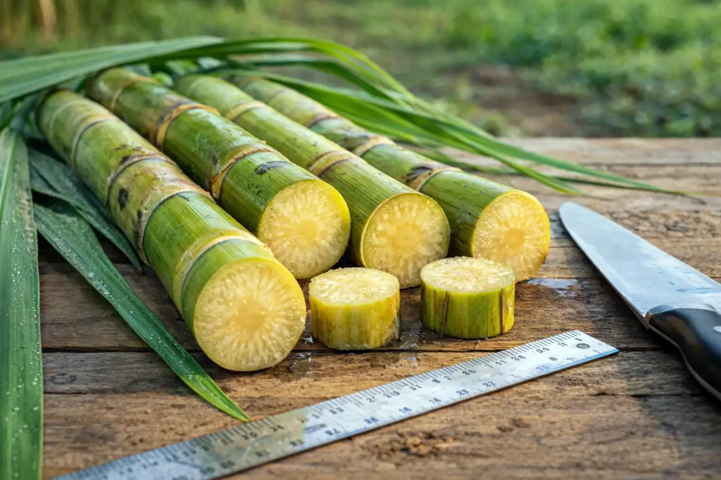 cut sugarcane stalk showing juicy interior rings