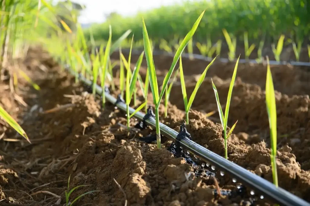 young sugarcane shoots with drip line beside rows