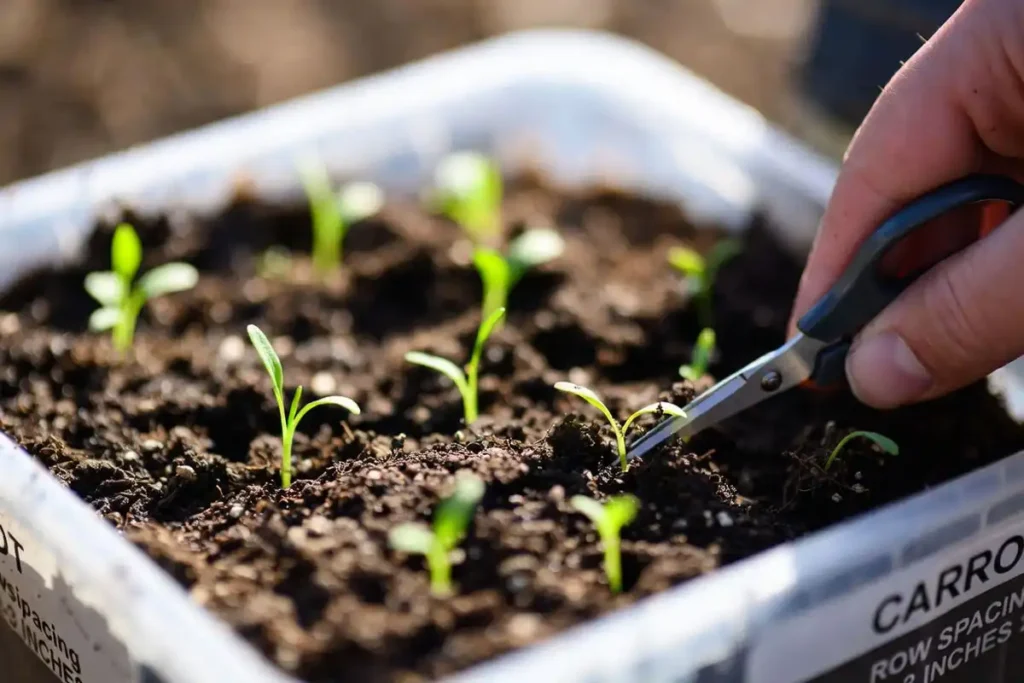 snipping extra carrot seedlings for spacing
