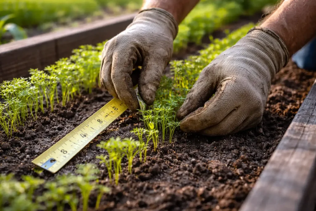 thinning carrot seedlings using a ruler for spacing