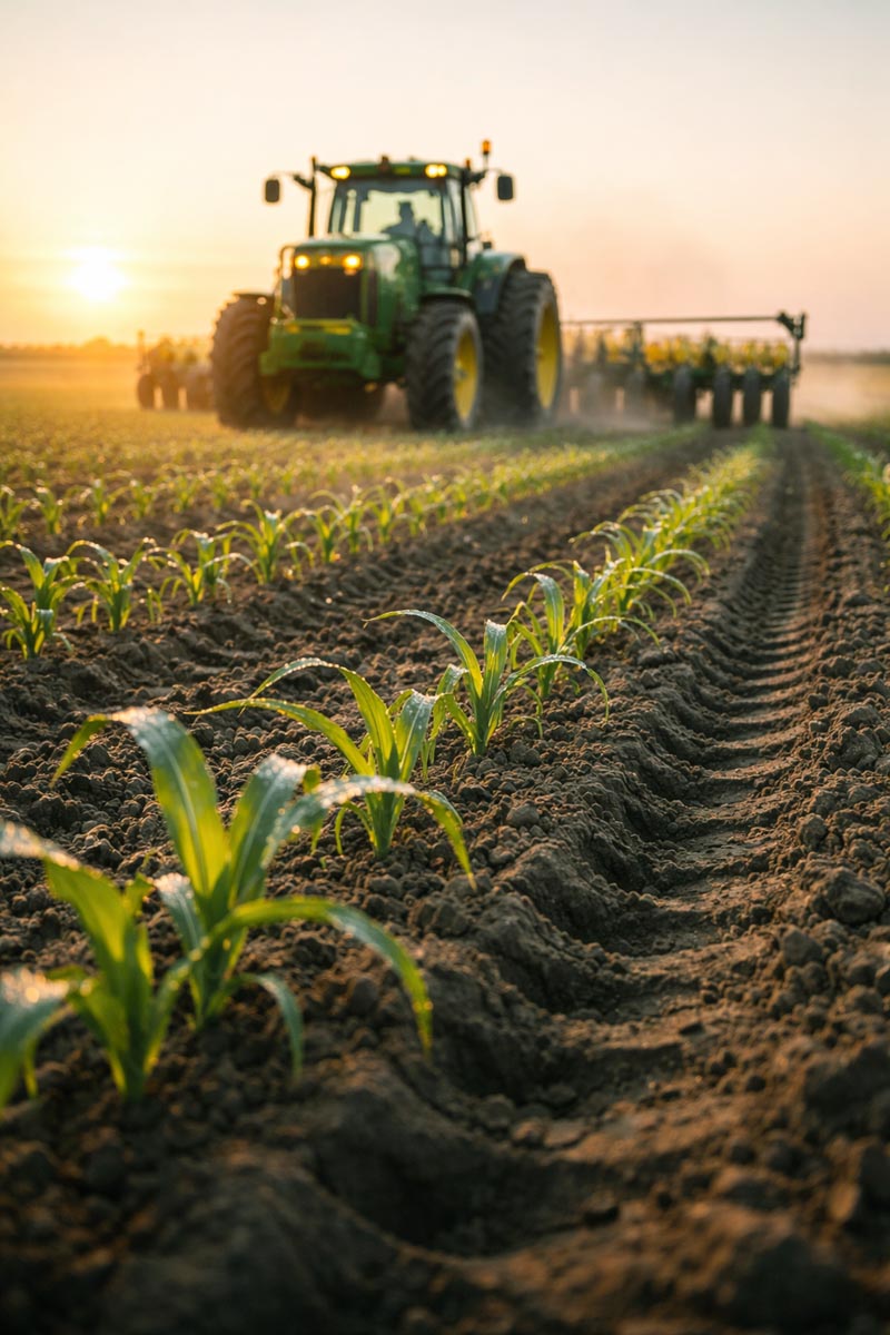 Modern tractor planting corn at sunrise with dew on young corn leaves and dust haze over the field.