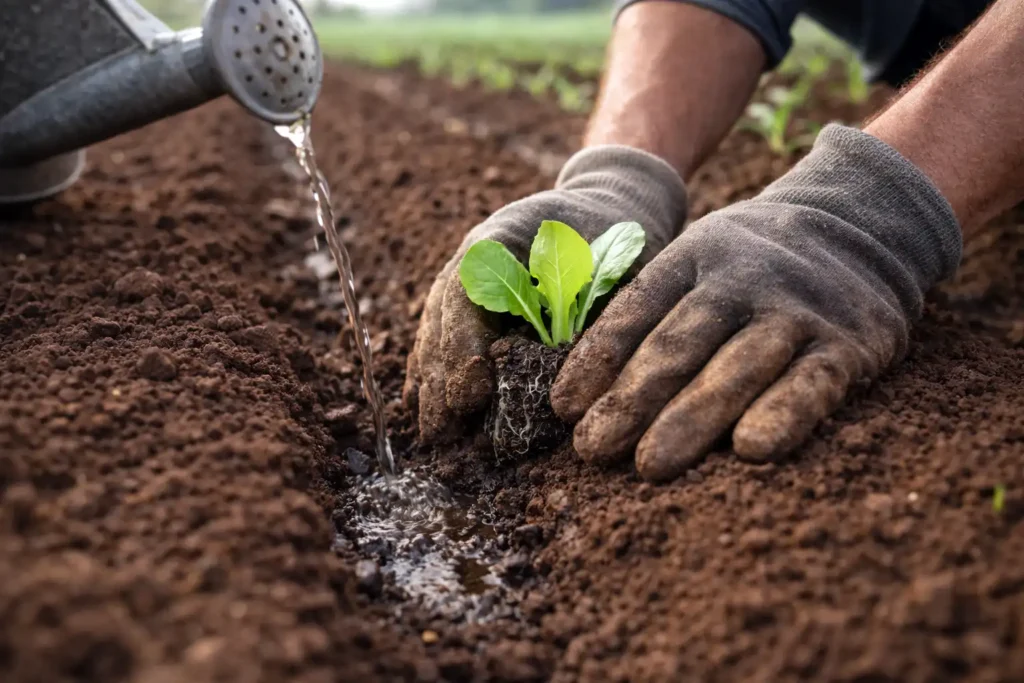 setting a vegetable transplant at correct depth with water in