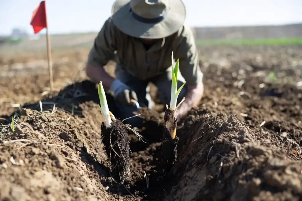 checking a planted sett for sprout and rot