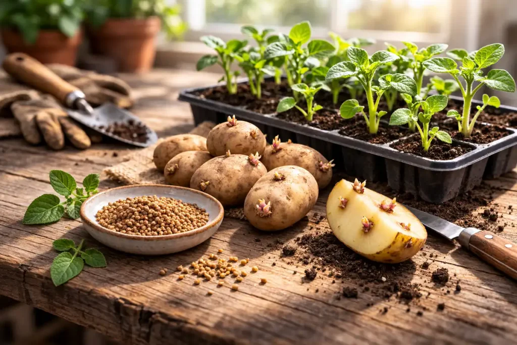true potato seeds beside seed potatoes and a seedling tray