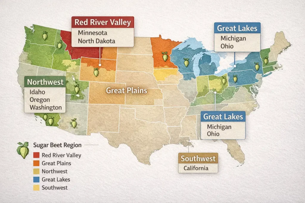 map of U.S. sugar beet regions and key states