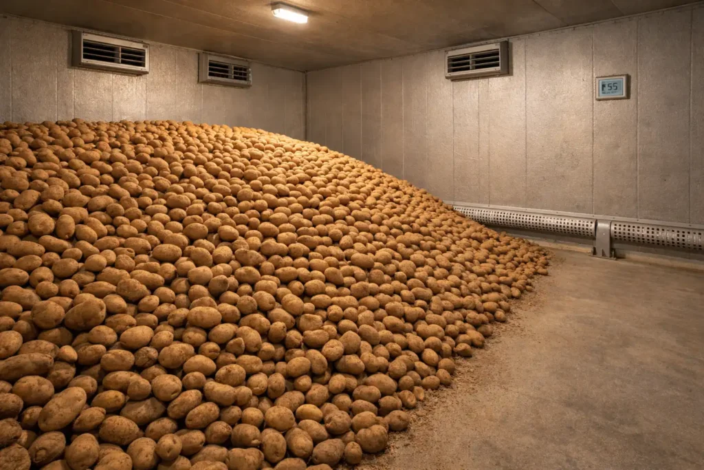 ventilated bulk pile of potatoes in insulated storage building