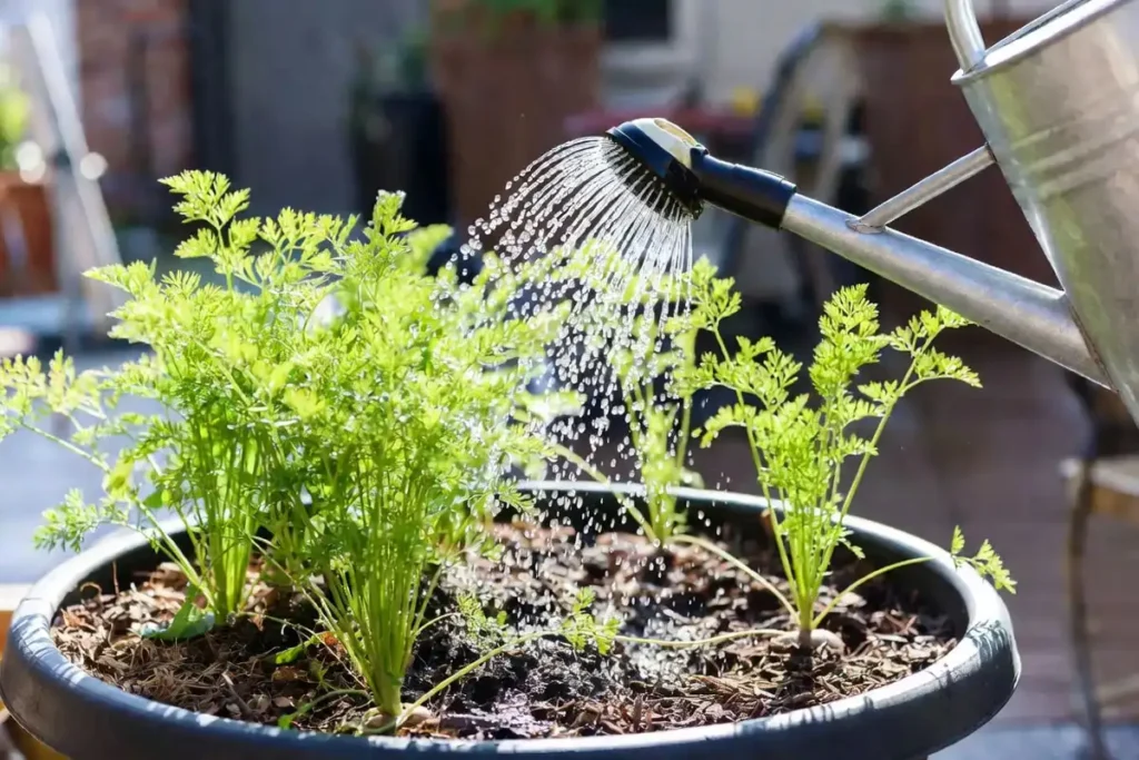 watering can showering carrot pot evenly