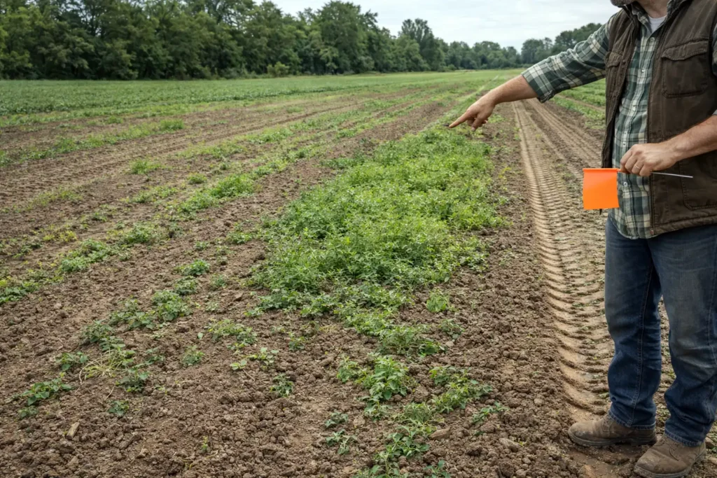 patch of surviving weeds showing streaks in treated field