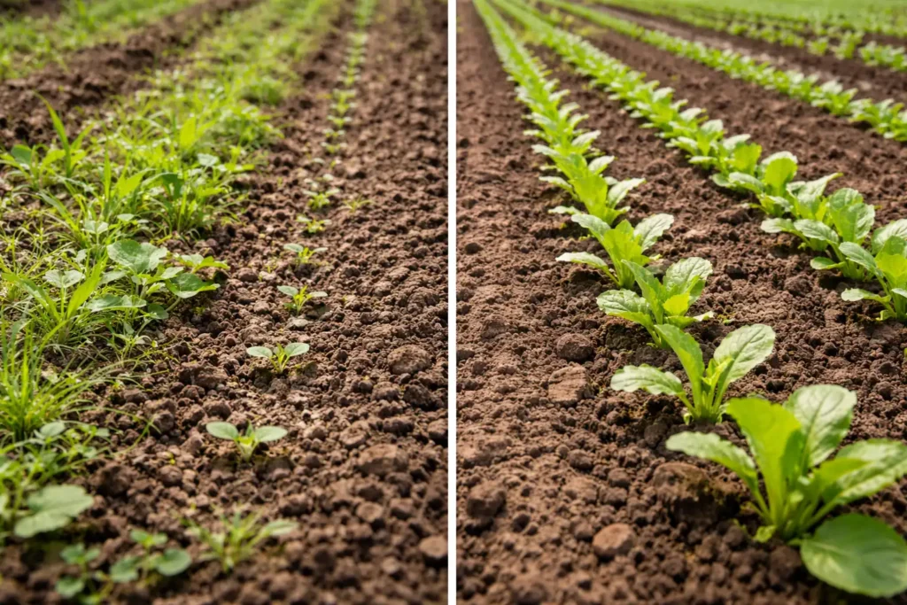weeds overtaking small seedlings versus transplants holding ground
