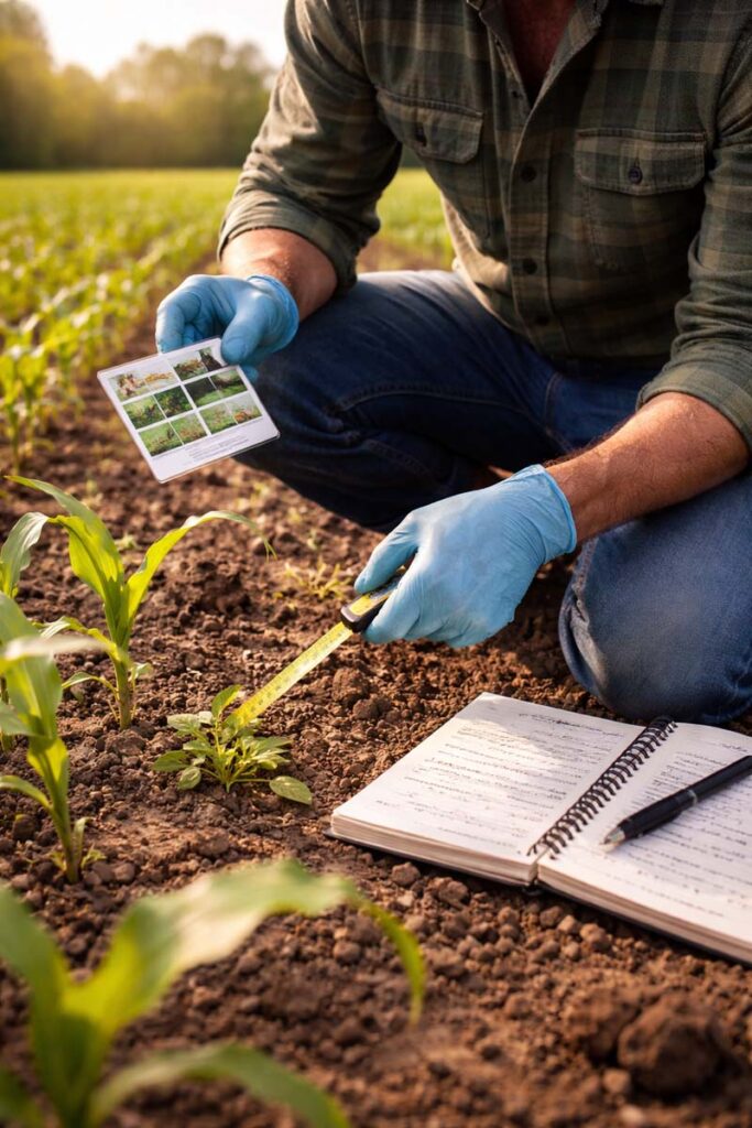 checking weed height and taking scouting notes