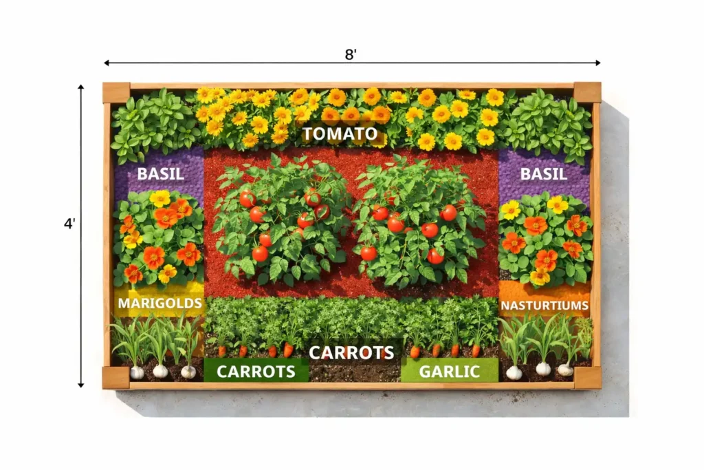 top-down diagram of a 4x8 raised bed showing tomato and companion plant spacing