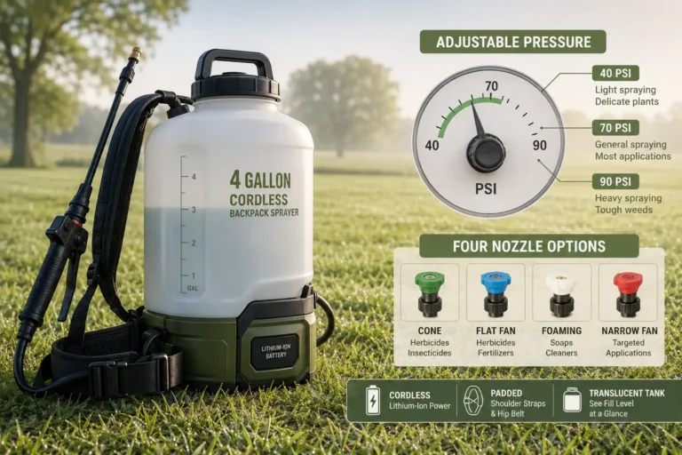 A battery operated backpack sprayer holds set pressure with an electric pump instead of hand pumping, shown with a labeled PSI dial, four nozzle types, and a padded hip belt.