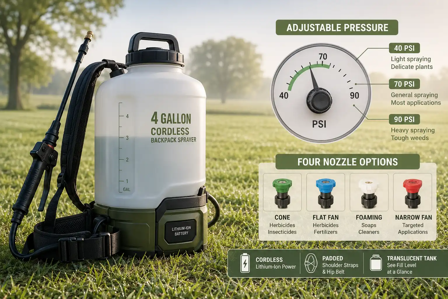 A battery operated backpack sprayer holds set pressure with an electric pump instead of hand pumping, shown with a labeled PSI dial, four nozzle types, and a padded hip belt.