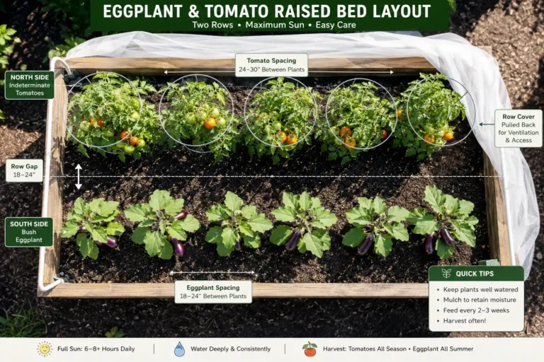 Eggplant and tomatoes share one bed safely when eggplant sits on the south side and caged tomatoes stand on the north side at labeled spacing