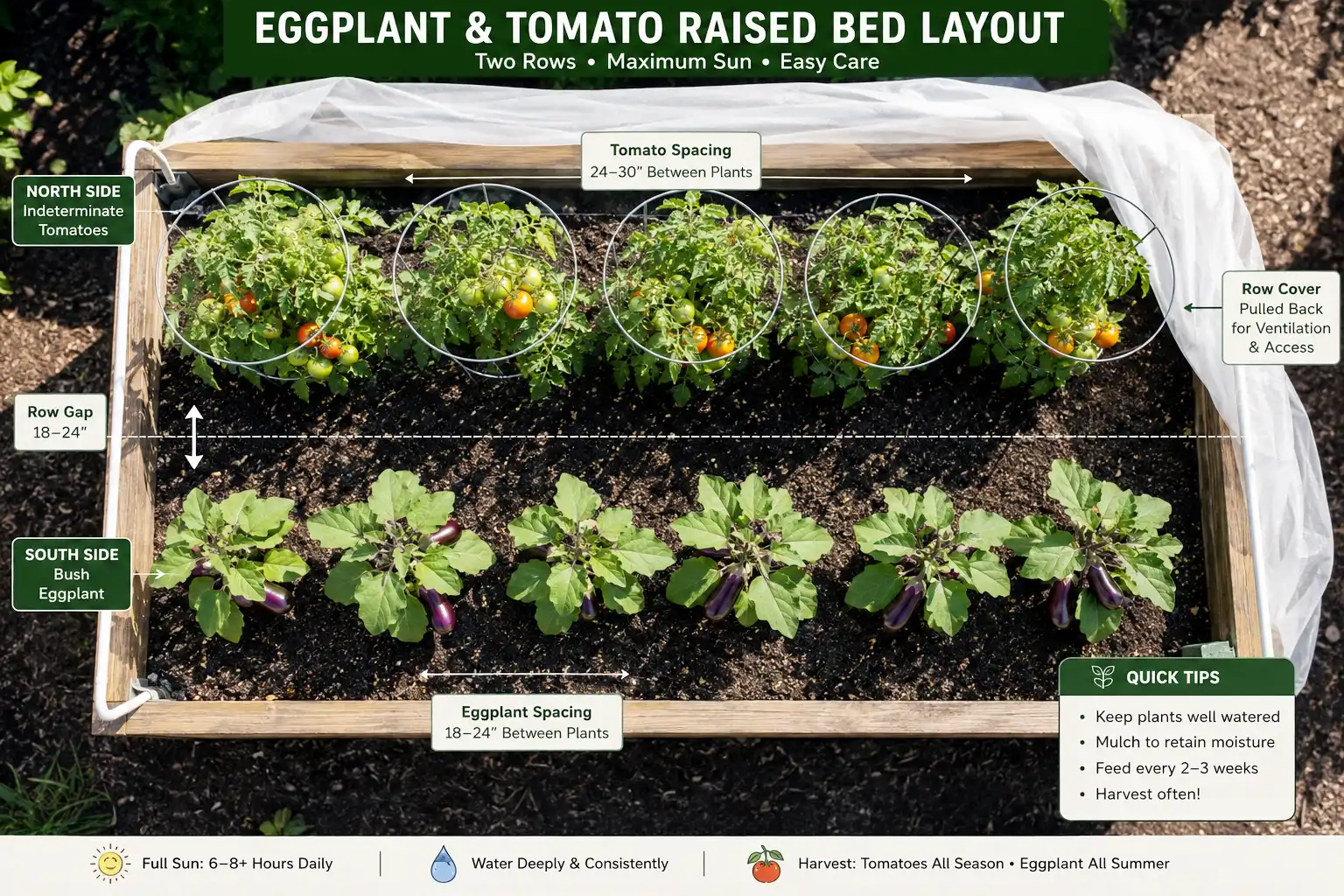 Eggplant and tomatoes share one bed safely when eggplant sits on the south side and caged tomatoes stand on the north side at labeled spacing