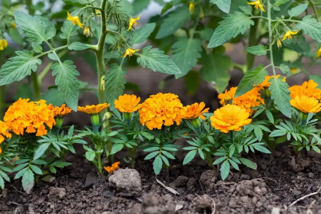 French marigold border planted alongside tomato stems in a raised garden row