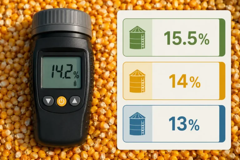 Grain moisture meter reading 14 percent, next to corn storage moisture targets of 15.5, 14 and 13 percent by storage length.
