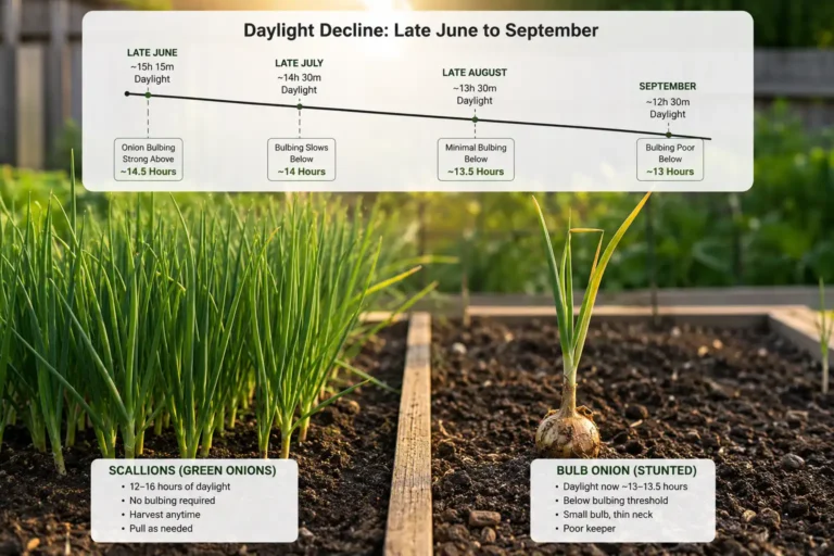 A midsummer sowing finishes as scallions and salad onions rather than storage bulbs, because daylight shortens after the June solstice and leaf growth runs out.