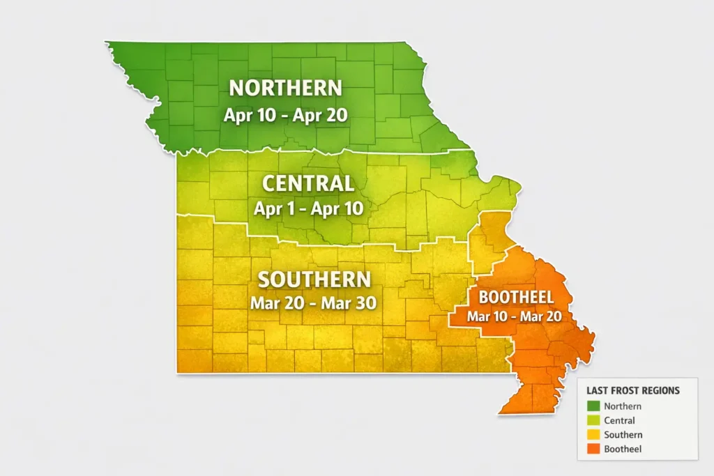 color coded Missouri map showing average last frost dates by region