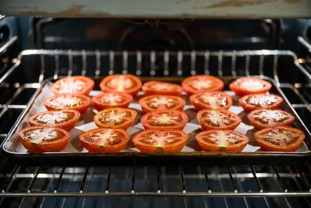 halved Roma tomatoes arranged cut side up on a wire rack inside a home oven