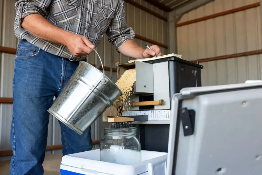 mixing grain and averaging multiple moisture tests in a shed