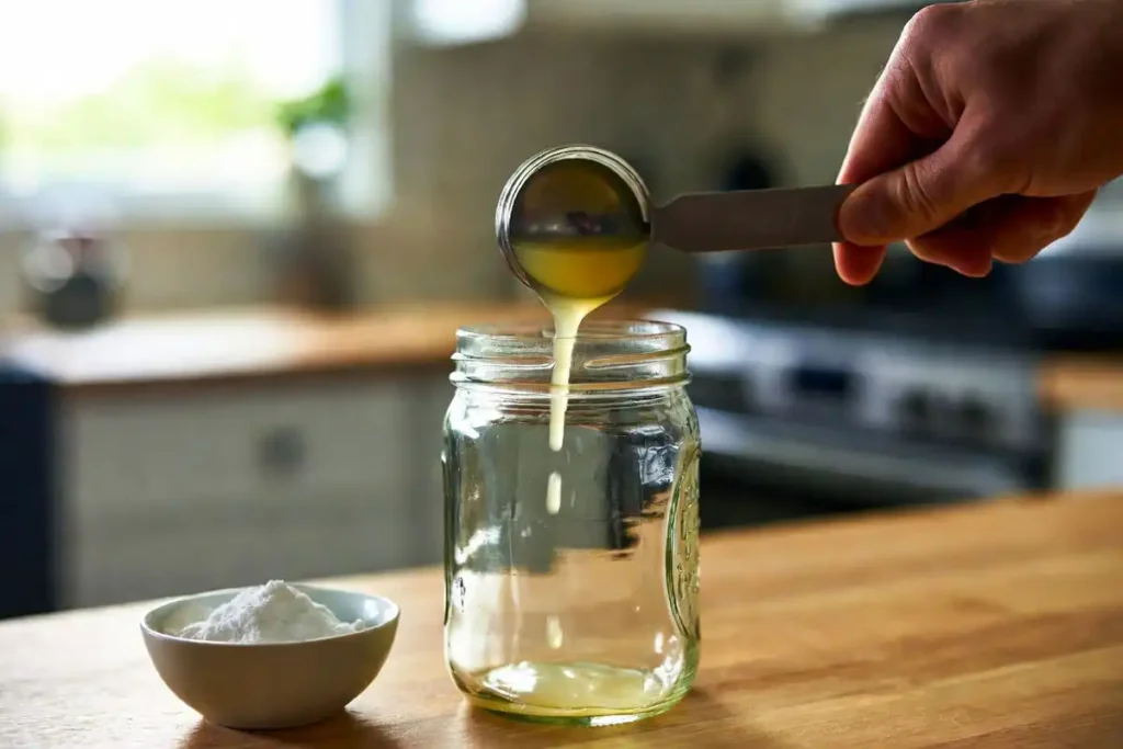 measuring bottled lemon juice into empty mason jar before canning